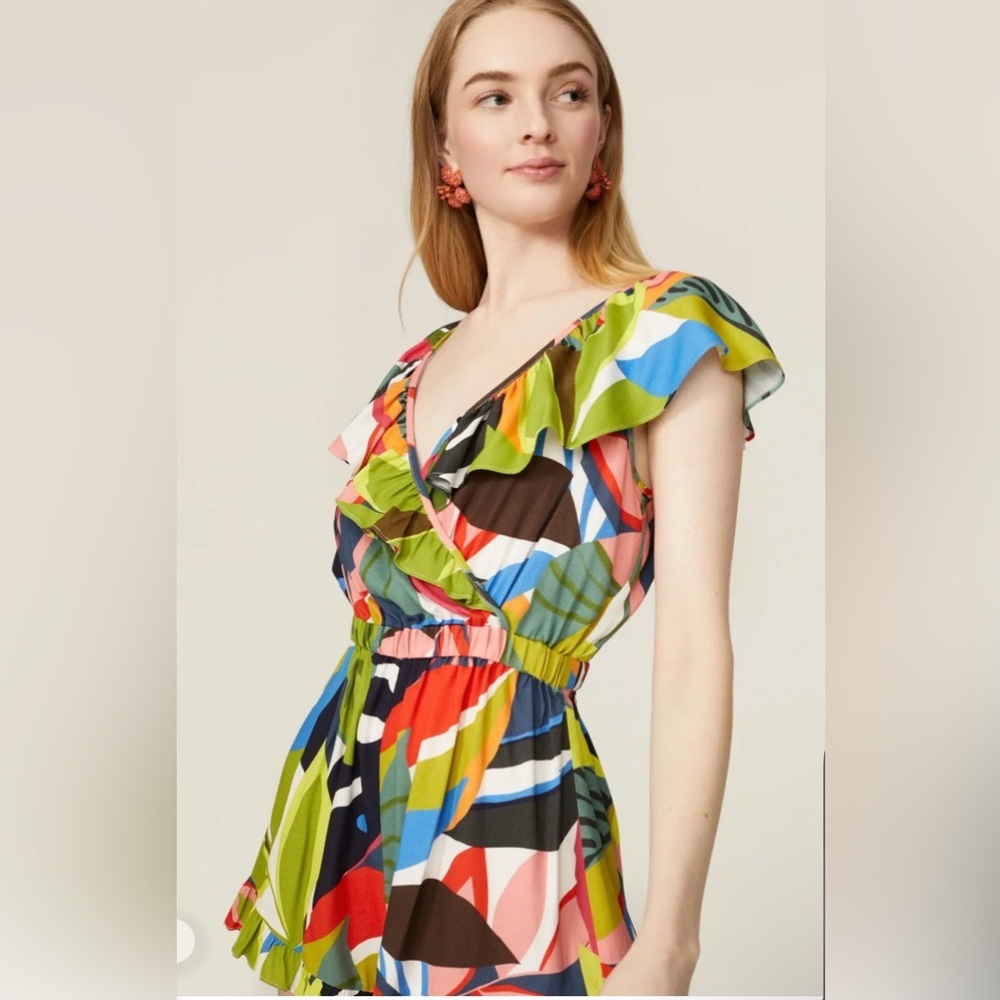 Trina Turk Multicolor Leaf-Print Ruffled Romper - Picture 6 of 8